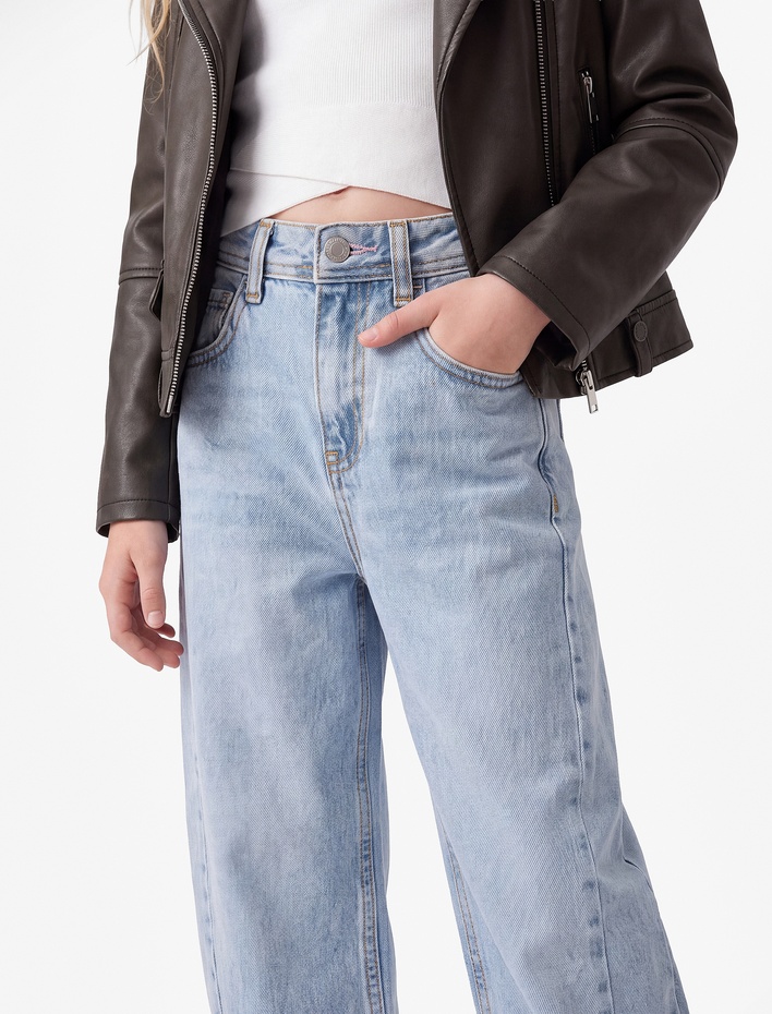 Kız Çocuk Barrel Denim Pantolon Cep Detaylı Bol Kesim Pamuklu