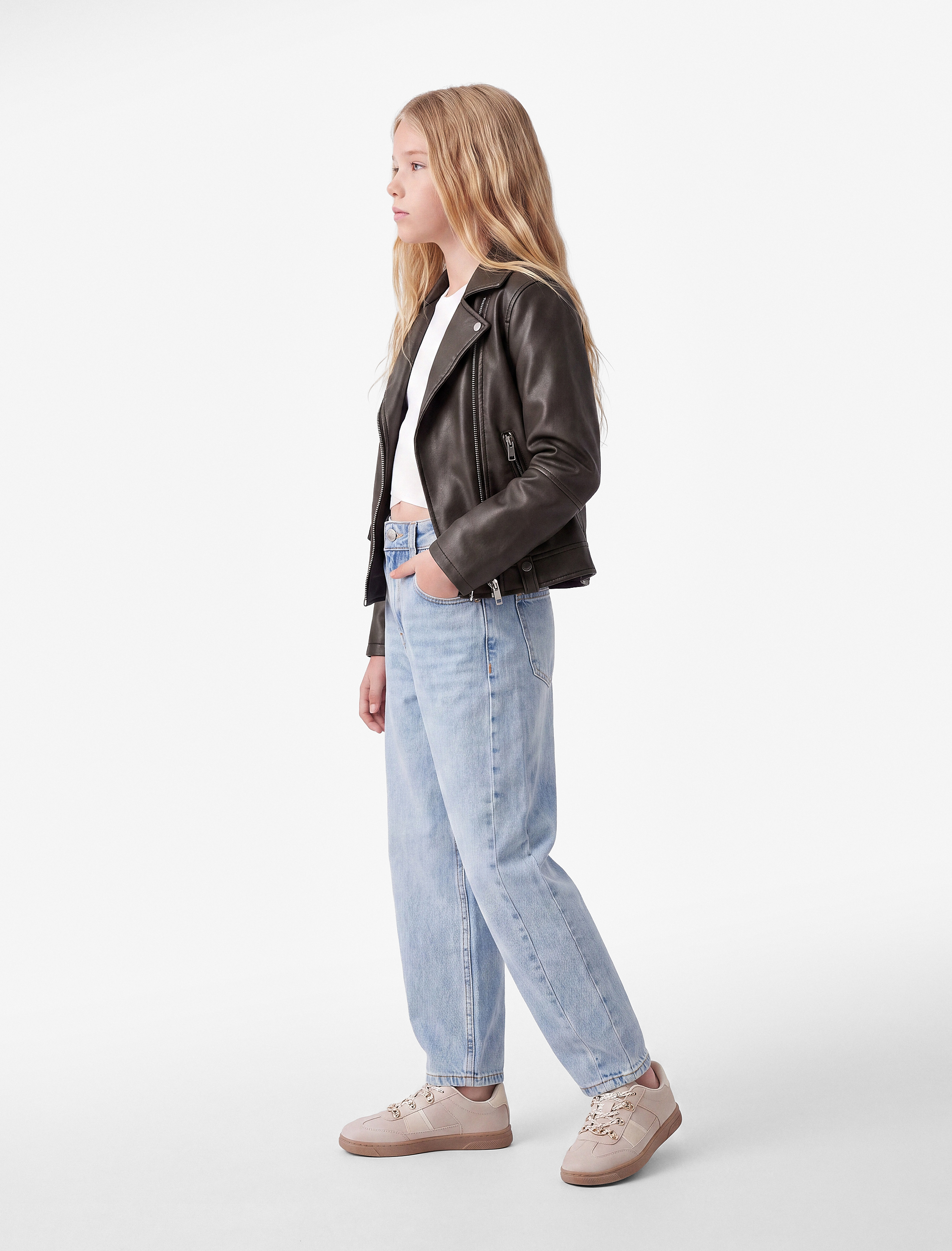  Kız Çocuk Barrel Denim Pantolon Cep Detaylı Bol Kesim Pamuklu