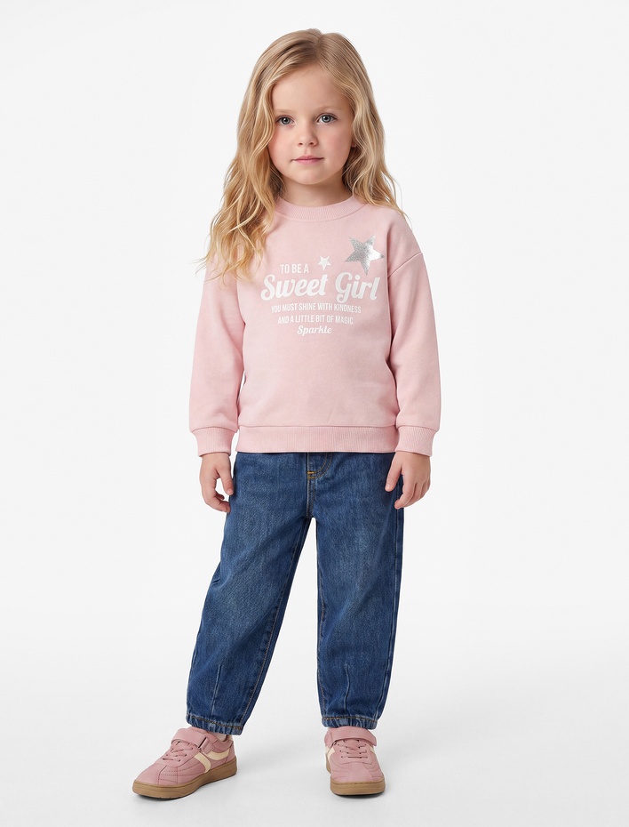 Kız Bebek Baskılı Uzun Kollu Bisiklet Yaka Şardonlu Sweatshirt