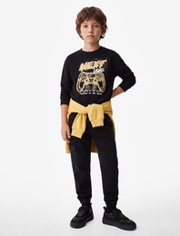 Oyun Temalı Baskılı Uzun Kollu Bisiklet Yaka Şardonlu Sweatshirt
