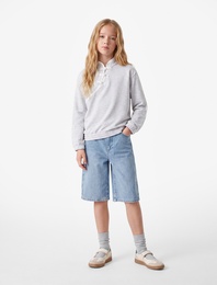 Düğmeli Şardonlu Uzun Kollu Hakim Yaka Sweatshirt