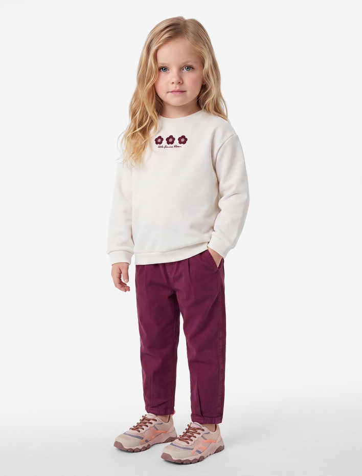 Kız Bebek Çiçek Nakışlı Şardonlu Bisiklet Yaka Uzun Kollu Sweatshirt