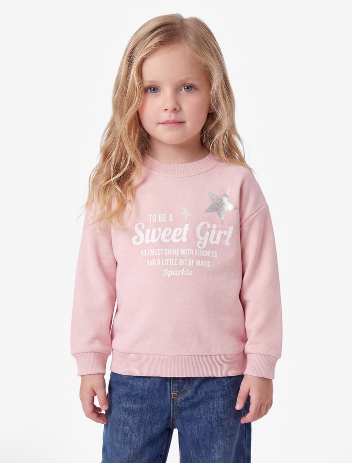 Kız Bebek Baskılı Uzun Kollu Bisiklet Yaka Şardonlu Sweatshirt