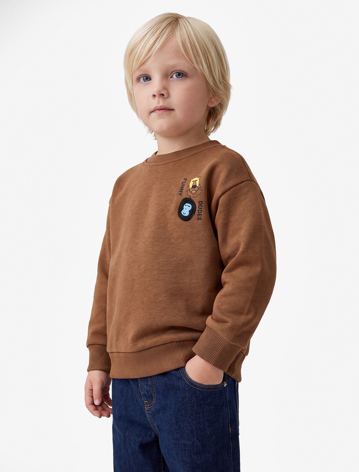 Erkek Bebek Hayvan Detaylı Arkası Baskılı Şardonlu Bisiklet Yaka Uzun Kollu Sweatshirt
