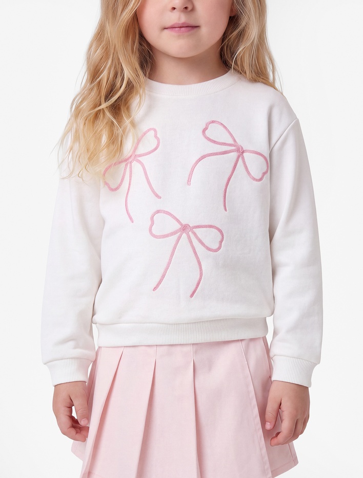 Kız Bebek Fiyonk Nakışlı Uzun Kollu Bisiklet Yaka Şardonlu Sweatshirt