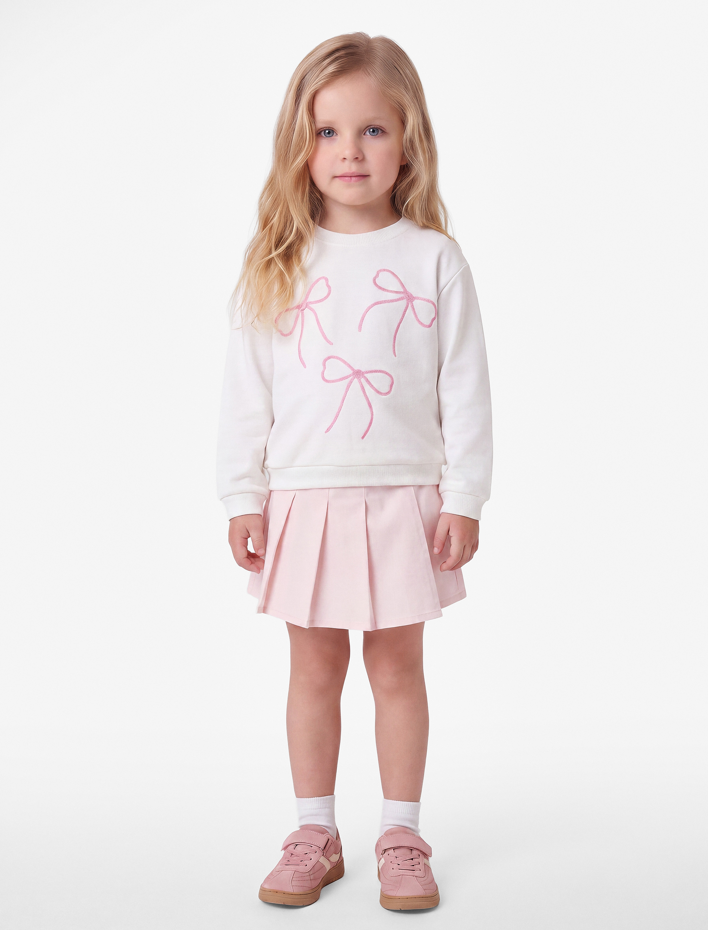  Kız Bebek Fiyonk Nakışlı Uzun Kollu Bisiklet Yaka Şardonlu Sweatshirt