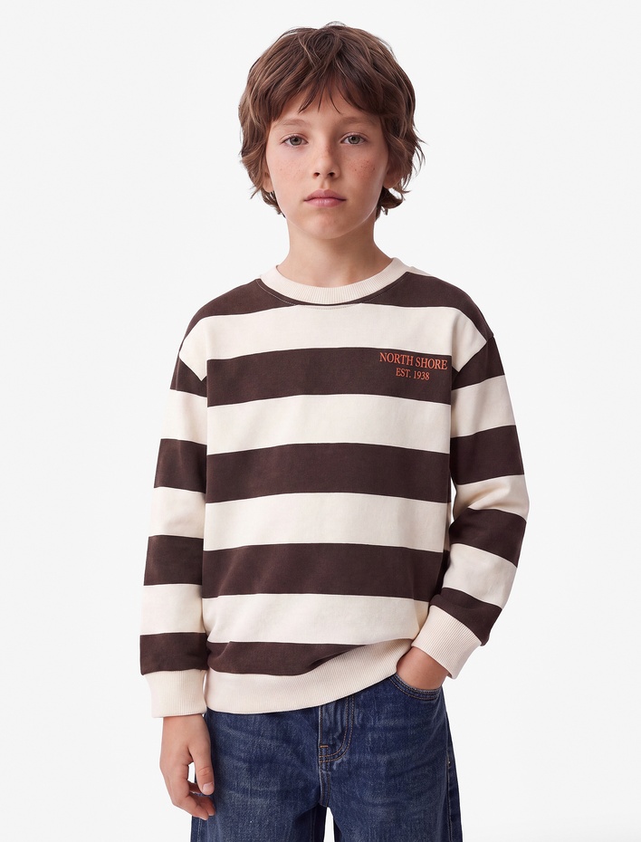 Erkek Çocuk Uzun Kollu Bisiklet Yaka Şardonlu Çizgili Sweatshirt