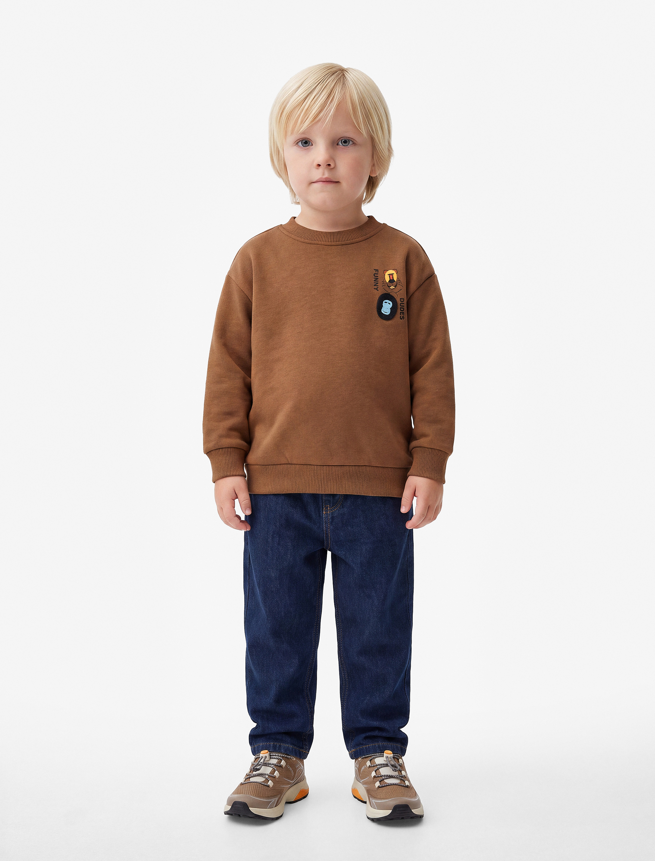  Erkek Bebek Hayvan Detaylı Arkası Baskılı Şardonlu Bisiklet Yaka Uzun Kollu Sweatshirt