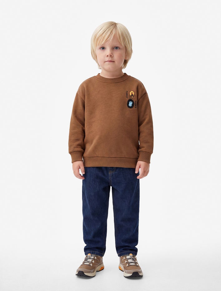 Erkek Bebek Hayvan Detaylı Arkası Baskılı Şardonlu Bisiklet Yaka Uzun Kollu Sweatshirt