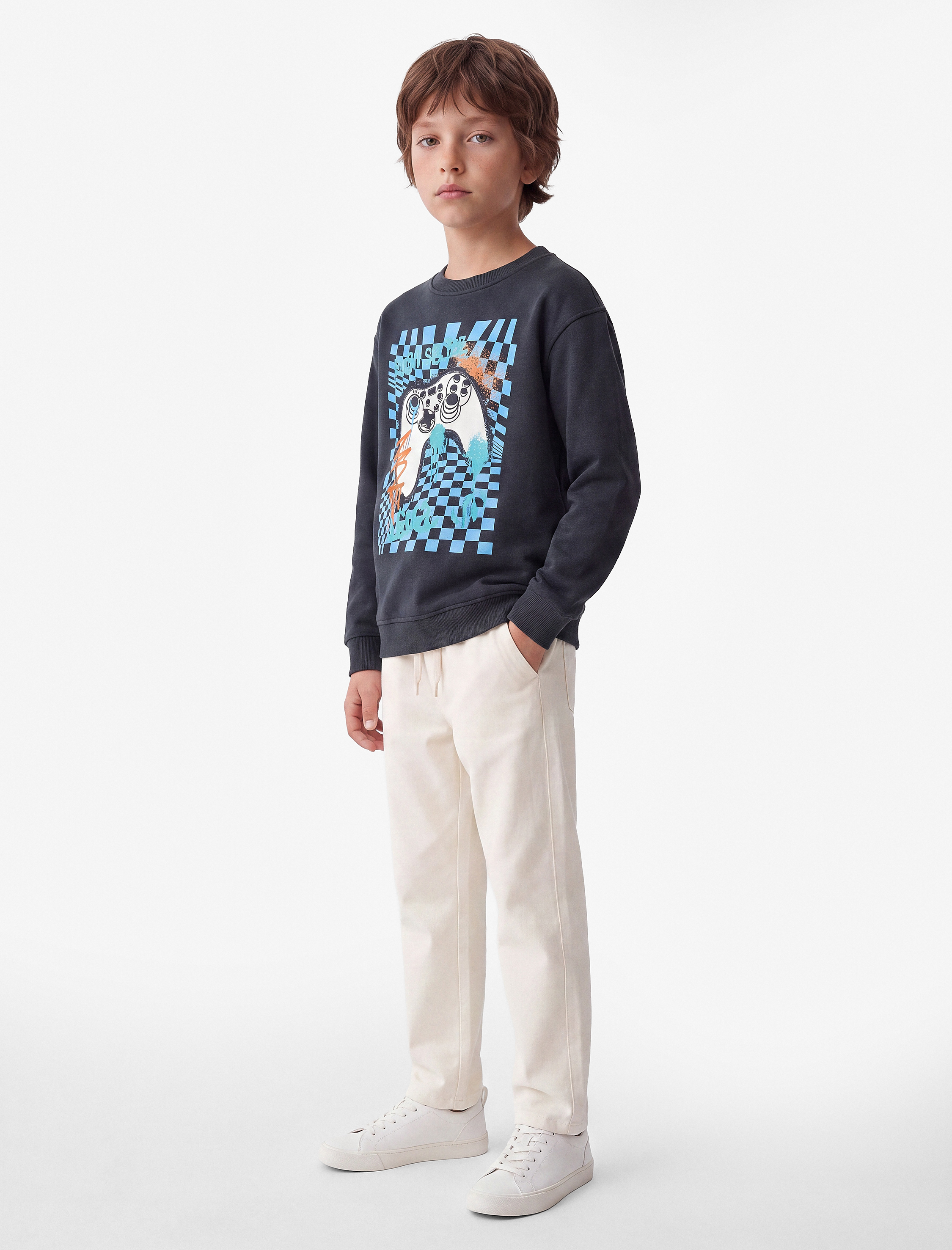  Erkek Çocuk Uzun Kollu Bisiklet Yaka Baskılı Şardonlu Pamuklu Sweatshirt