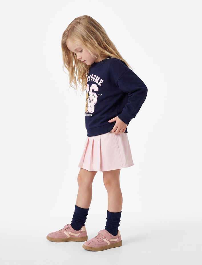 Kız Bebek Baskılı Uzun Kollu Bisiklet Yaka Şardonlu Sweatshirt