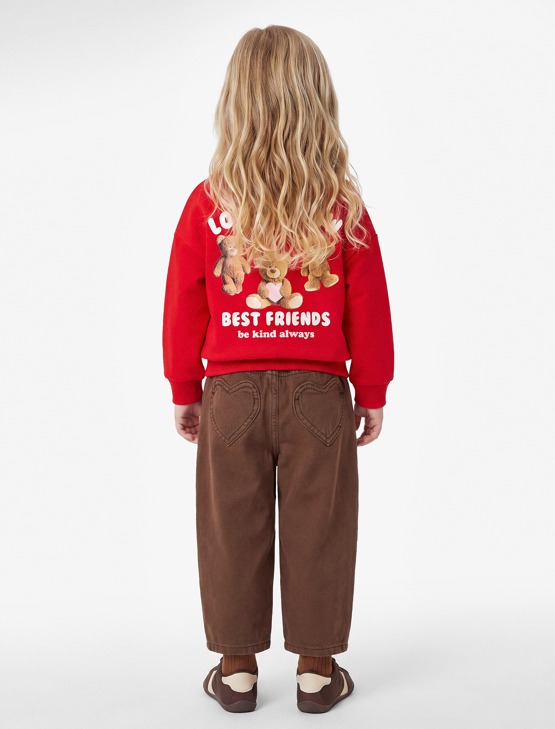  Kız Bebek Ayıcık Detaylı Arkası Baskılı Uzun Kollu Bisiklet Yaka Şardonlu Sweatshirt