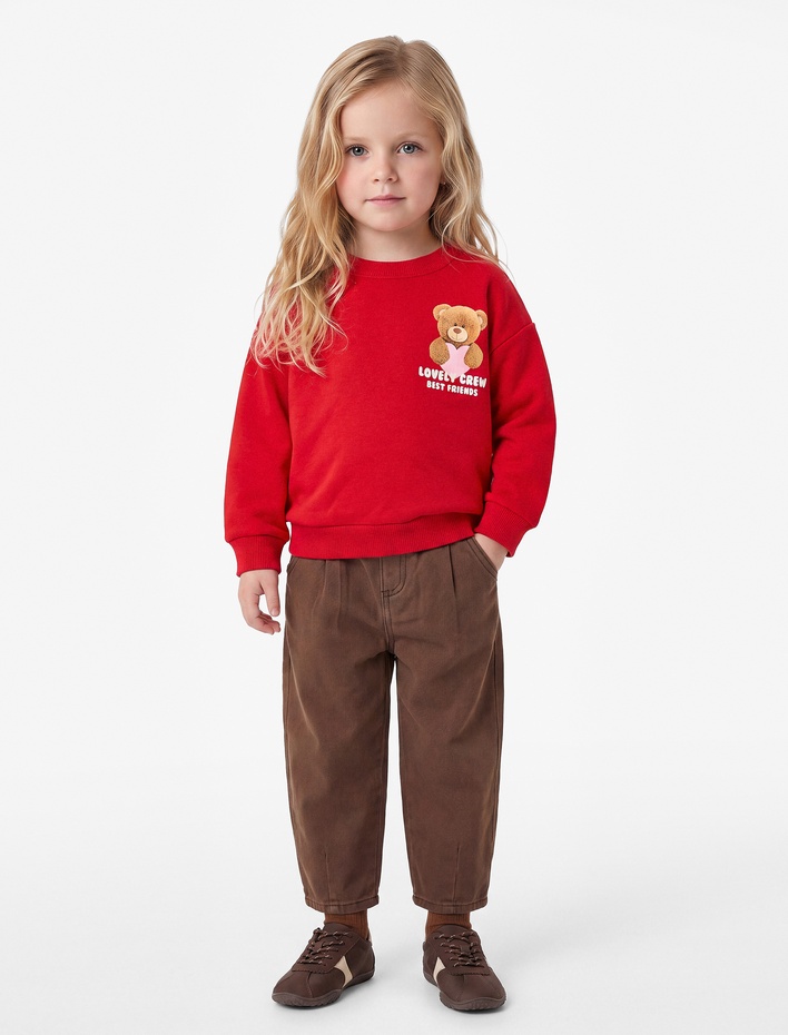 Kız Bebek Ayıcık Detaylı Arkası Baskılı Uzun Kollu Bisiklet Yaka Şardonlu Sweatshirt