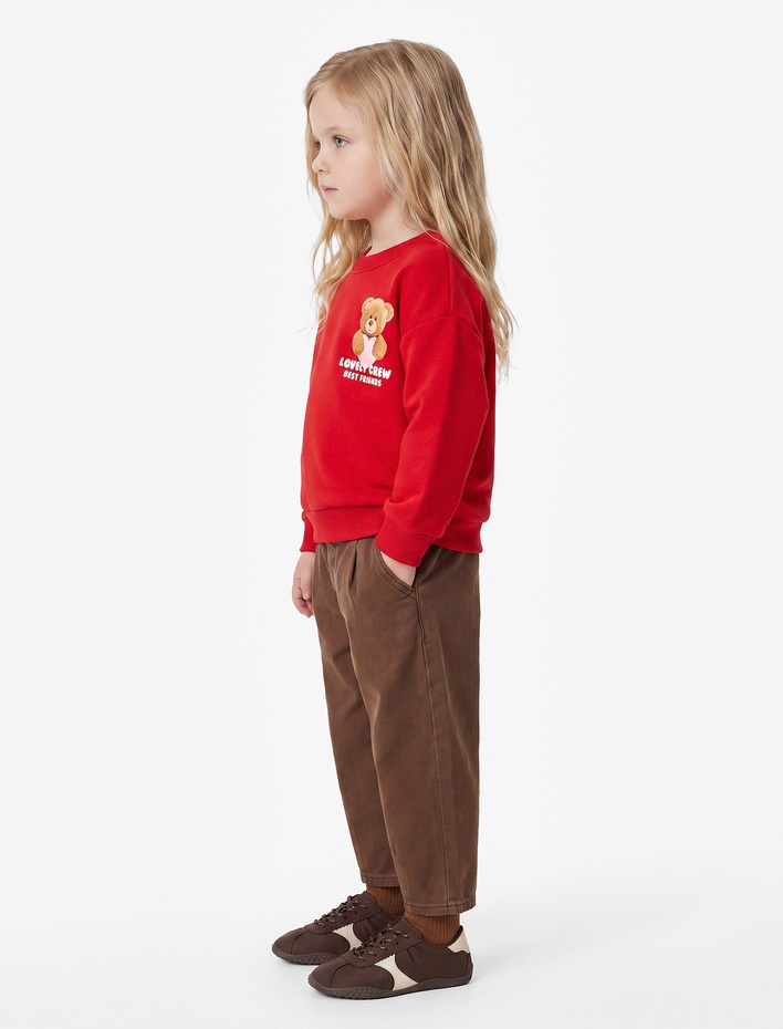 Kız Bebek Ayıcık Detaylı Arkası Baskılı Uzun Kollu Bisiklet Yaka Şardonlu Sweatshirt