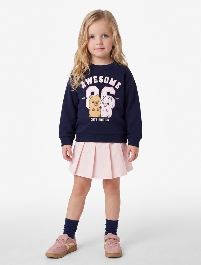 Kız Bebek Baskılı Uzun Kollu Bisiklet Yaka Şardonlu Sweatshirt