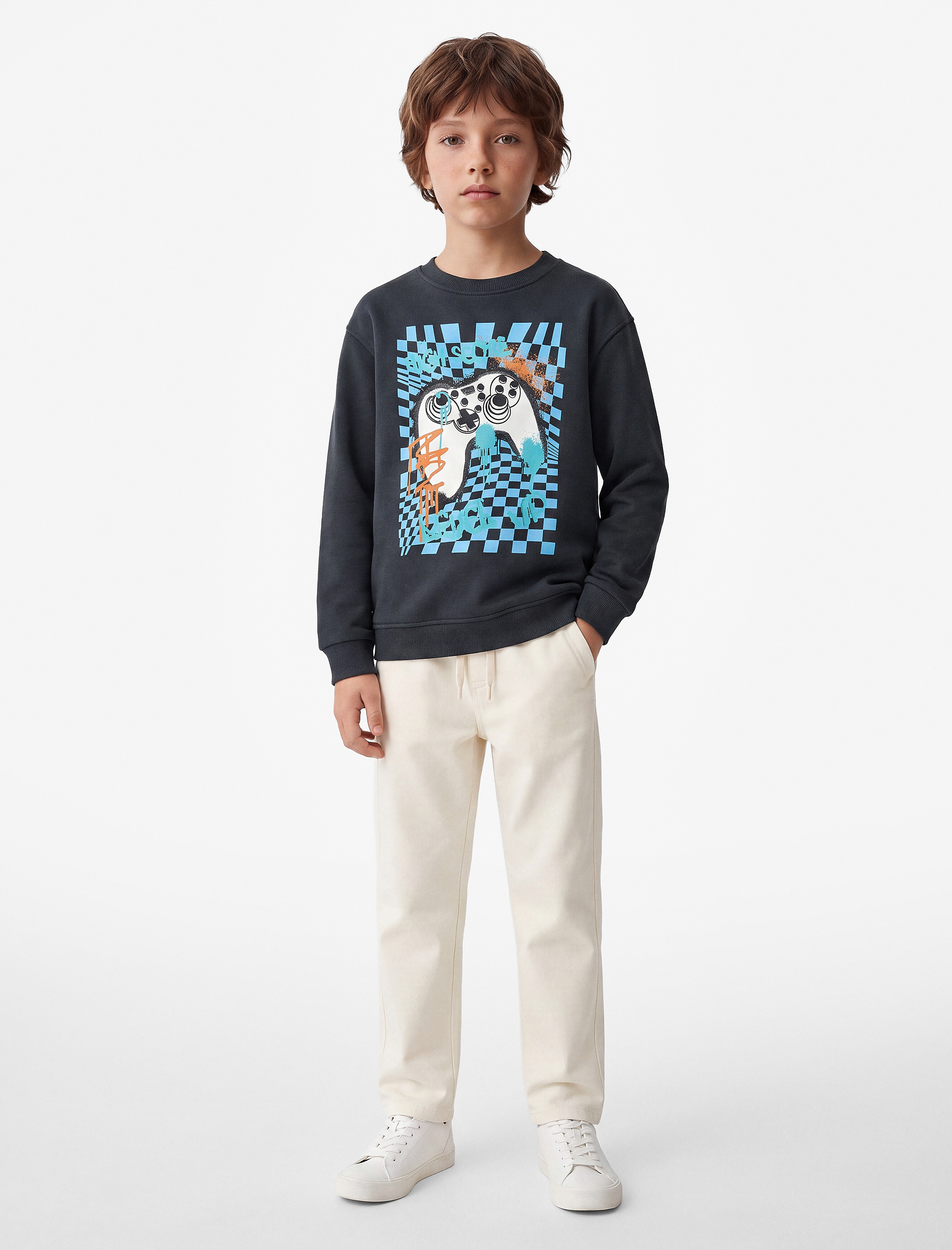  Erkek Çocuk Uzun Kollu Bisiklet Yaka Baskılı Şardonlu Pamuklu Sweatshirt