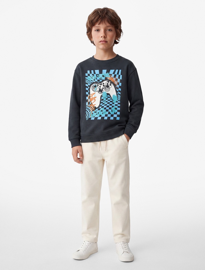 Erkek Çocuk Uzun Kollu Bisiklet Yaka Baskılı Şardonlu Pamuklu Sweatshirt