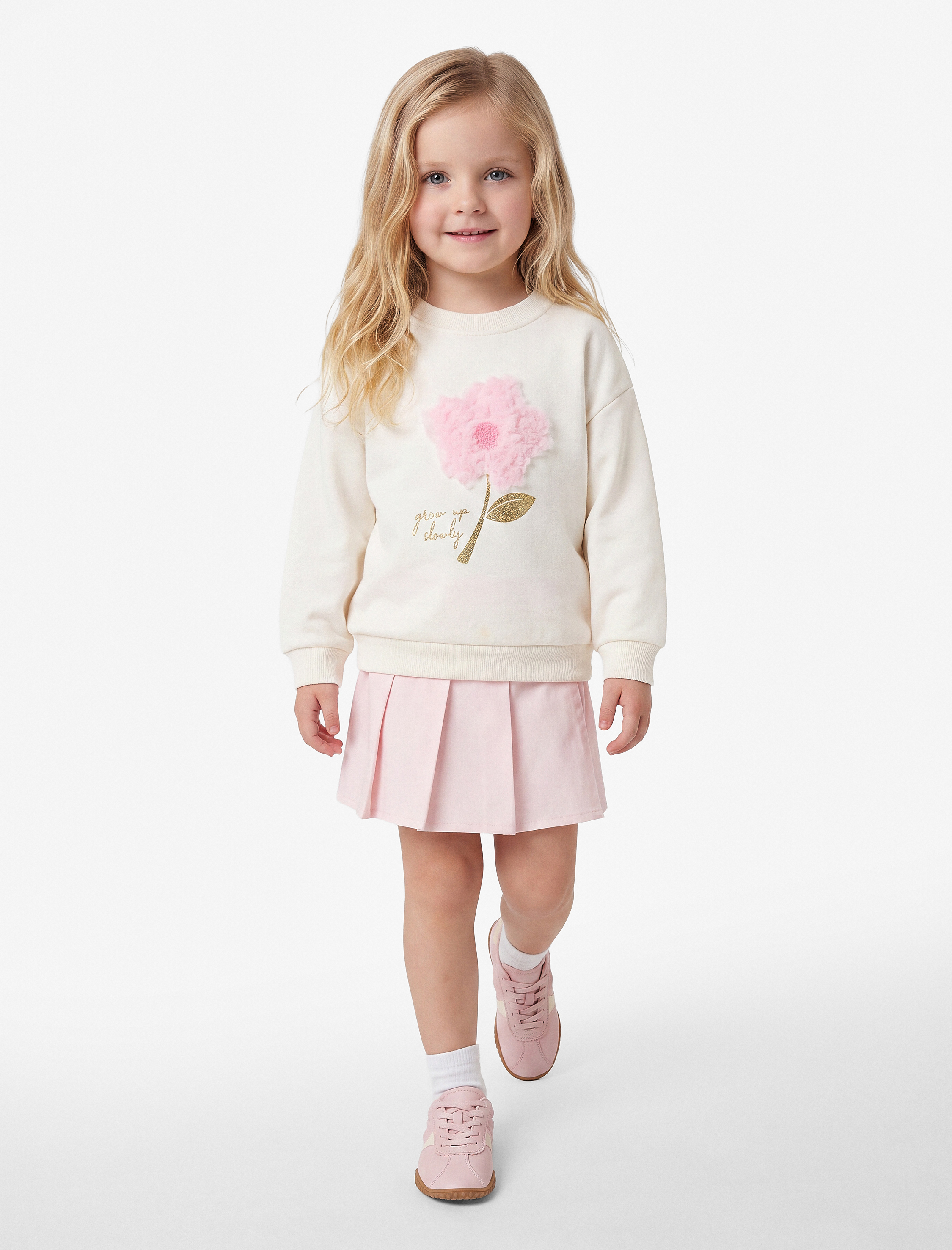  Kız Bebek Çiçek Aplikeli Uzun Kollu Bisiklet Yaka Sweatshirt