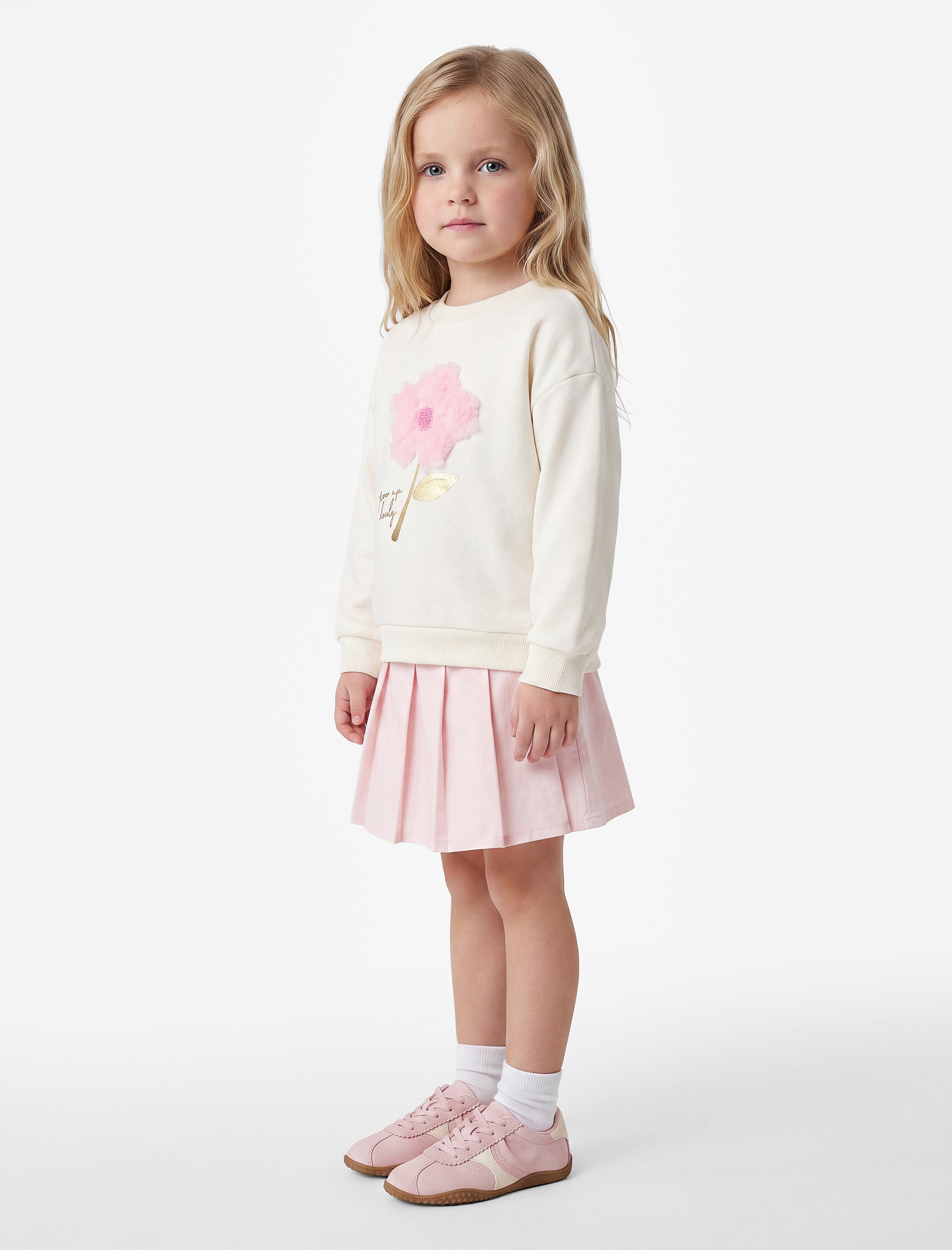  Kız Bebek Çiçek Aplikeli Uzun Kollu Bisiklet Yaka Sweatshirt