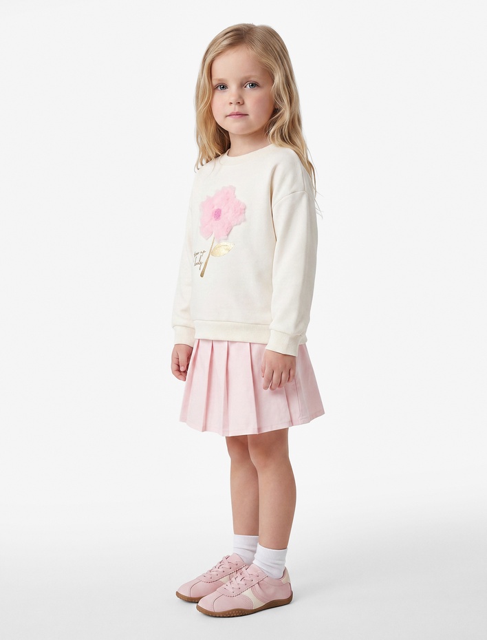 Kız Bebek Çiçek Aplikeli Uzun Kollu Bisiklet Yaka Sweatshirt