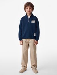 Baskı Detaylı Uzun Kollu Pamuklu Şardonlu Yarım Fermuarlı Dik Yaka Sweatshirt