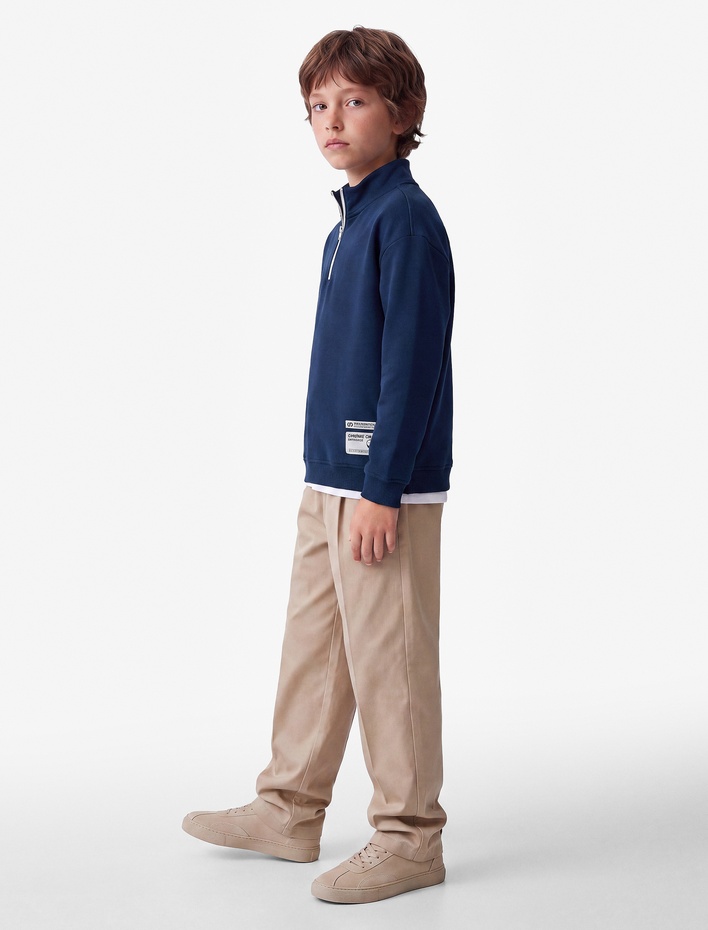 Erkek Çocuk Baskı Detaylı Uzun Kollu Pamuklu Şardonlu Yarım Fermuarlı Dik Yaka Sweatshirt