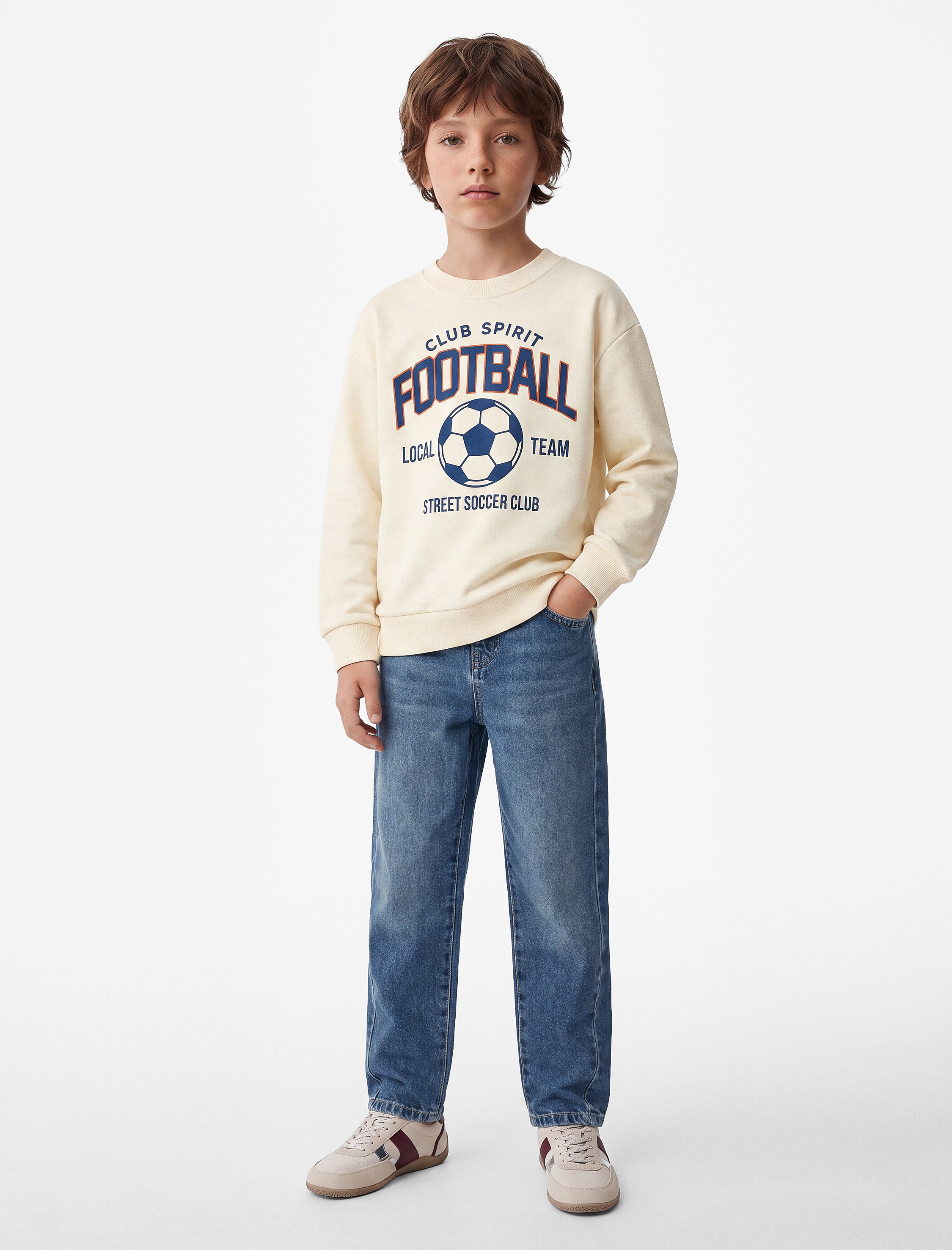  Erkek Çocuk Futbol Baskılı Şardonlu Bisiklet Yaka Uzun Kollu Sweatshirt