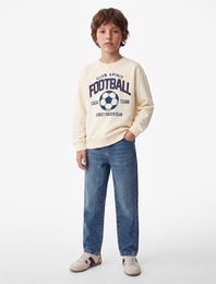 Futbol Baskılı Şardonlu Bisiklet Yaka Uzun Kollu Sweatshirt