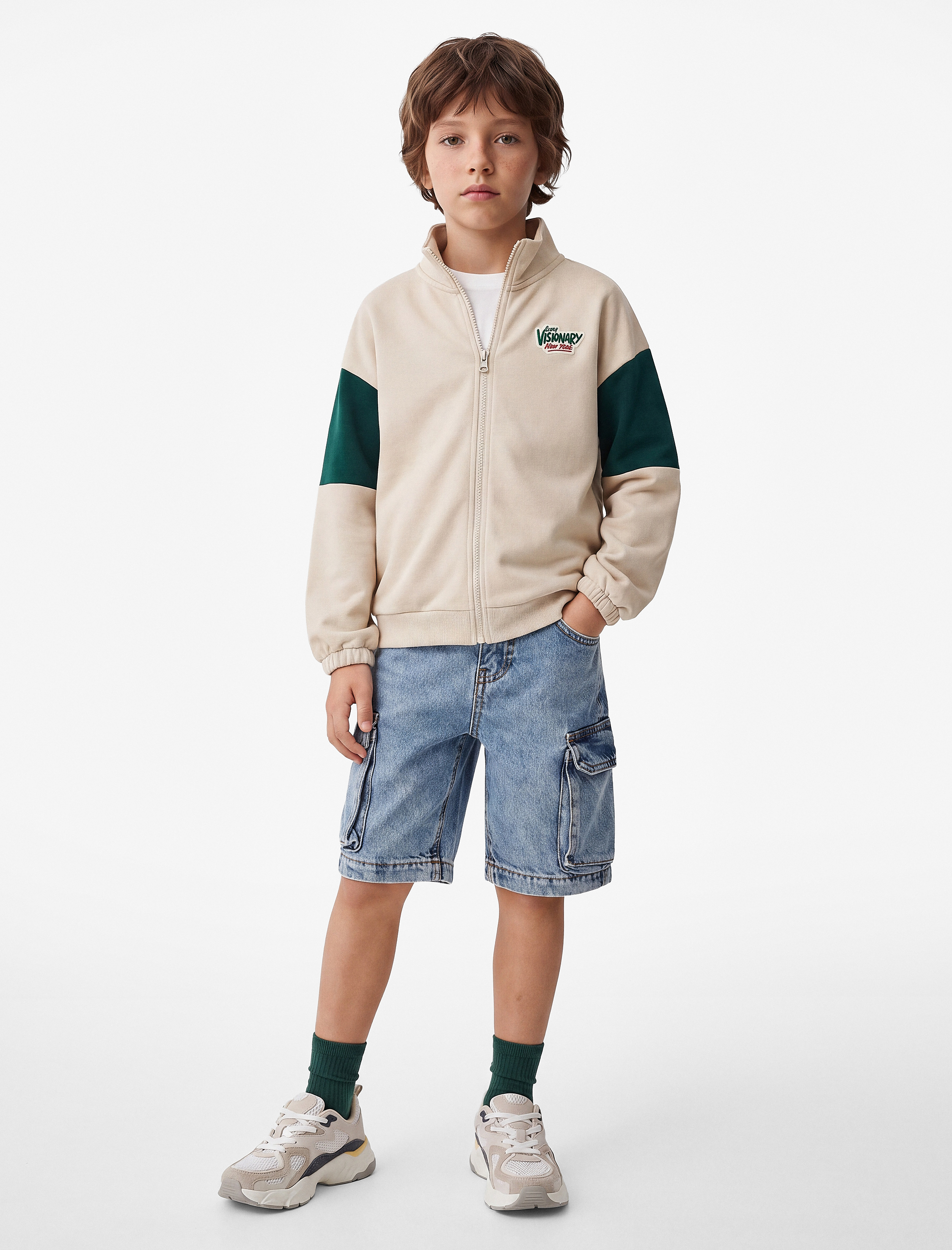  Erkek Çocuk Baskılı Uzun Kollu Dik Yaka Fermuarlı Sweatshirt