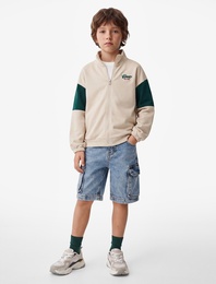 Baskılı Uzun Kollu Dik Yaka Fermuarlı Sweatshirt