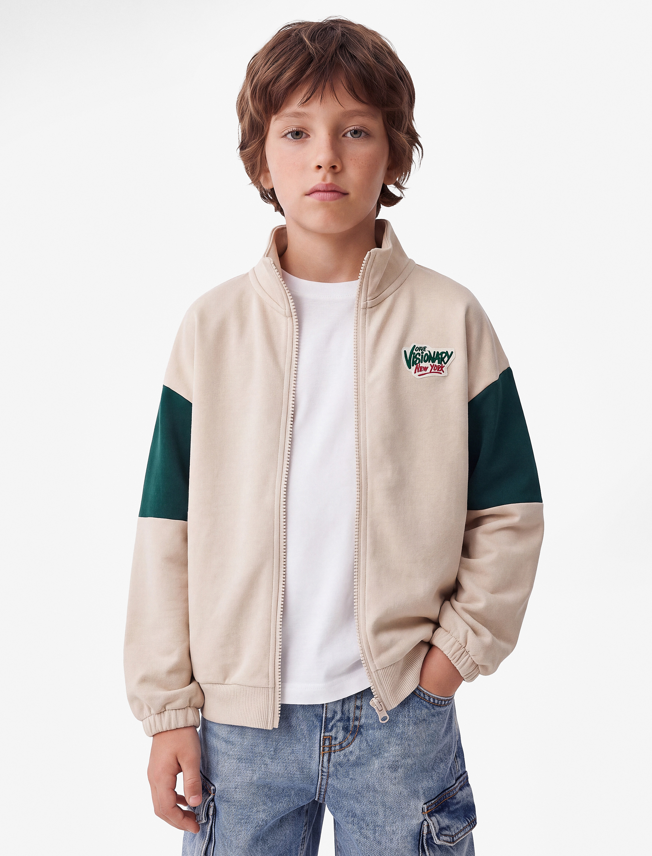  Erkek Çocuk Baskılı Uzun Kollu Dik Yaka Fermuarlı Sweatshirt