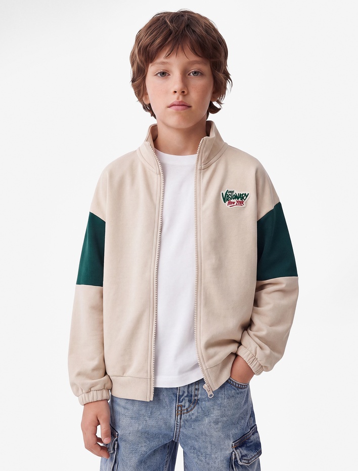 Erkek Çocuk Baskılı Uzun Kollu Dik Yaka Fermuarlı Sweatshirt