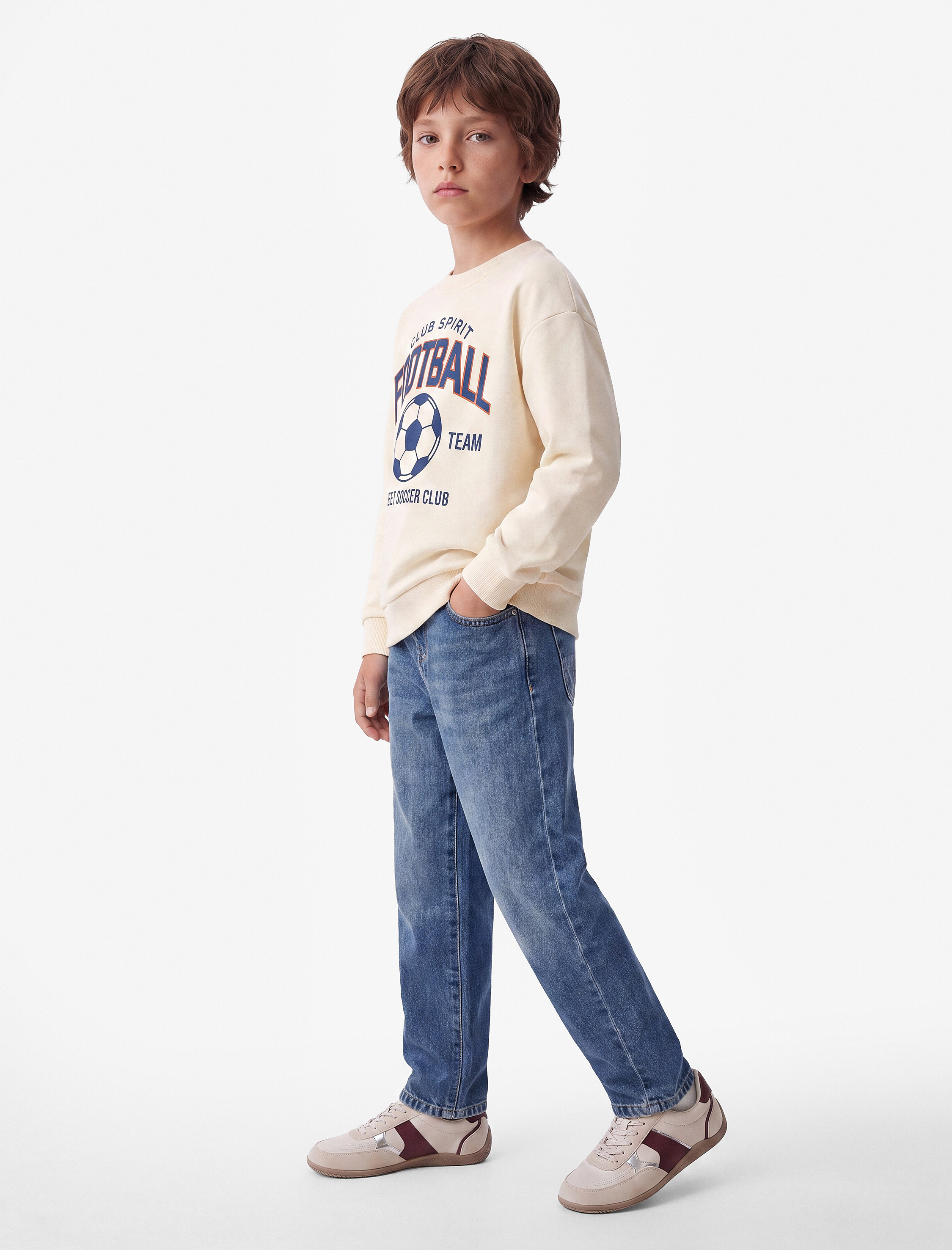  Erkek Çocuk Futbol Baskılı Şardonlu Bisiklet Yaka Uzun Kollu Sweatshirt