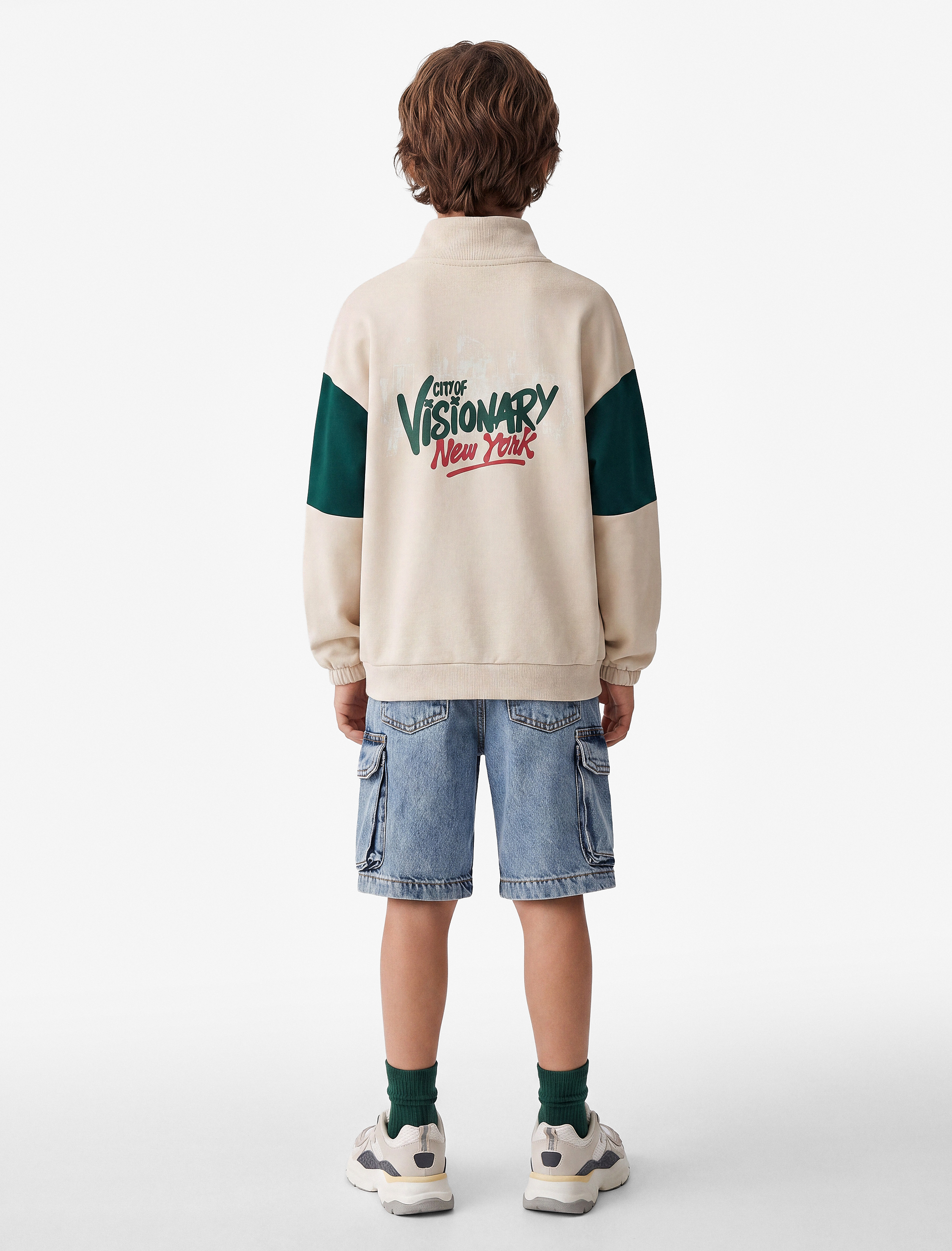  Erkek Çocuk Baskılı Uzun Kollu Dik Yaka Fermuarlı Sweatshirt