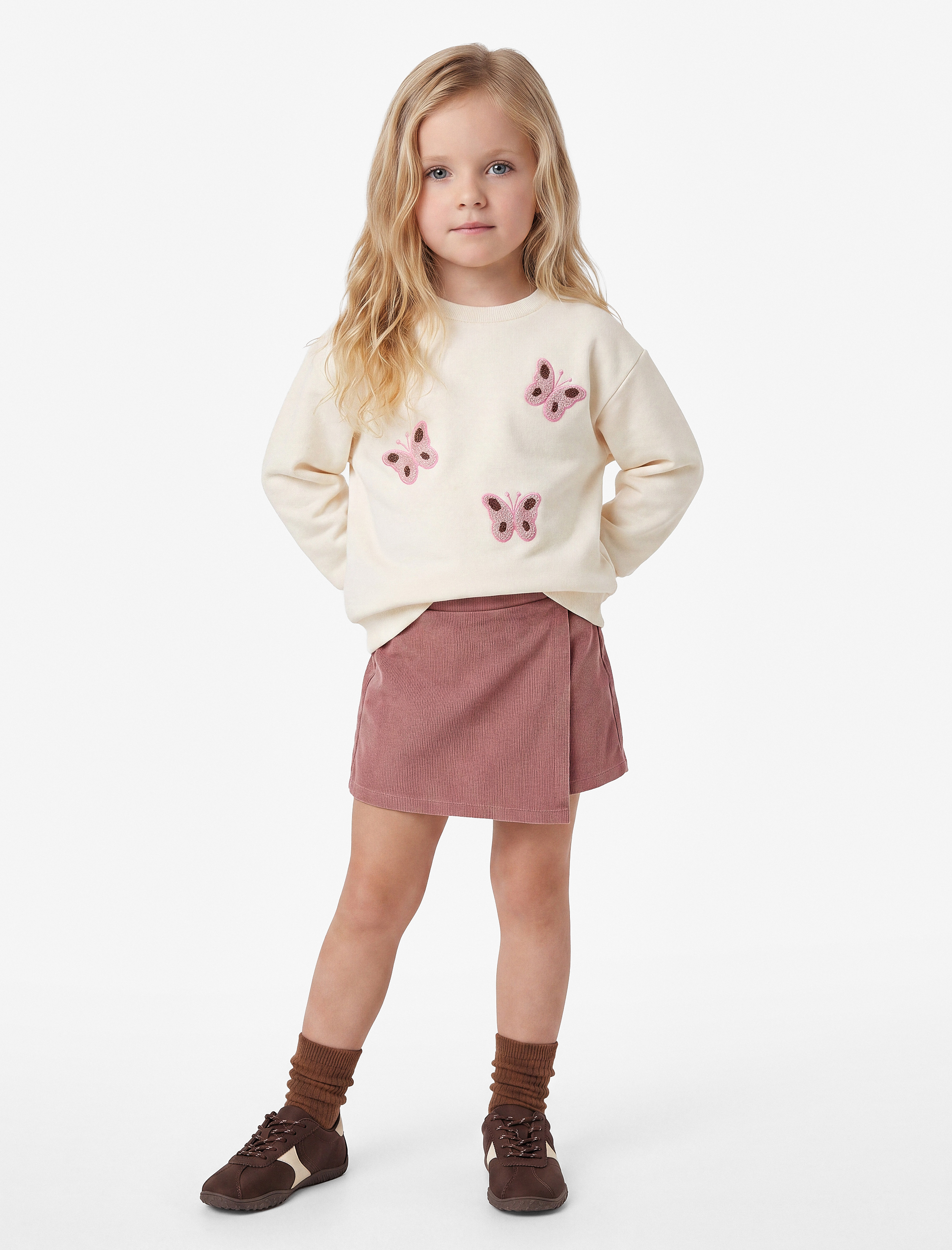  Kız Bebek Kelebek Nakış Detaylı Bisiklet Yaka Uzun Kollu Şardonlu Sweatshirt