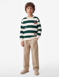 Baskılı Bisiklet Yaka Uzun Kollu Çizgili Sweatshirt
