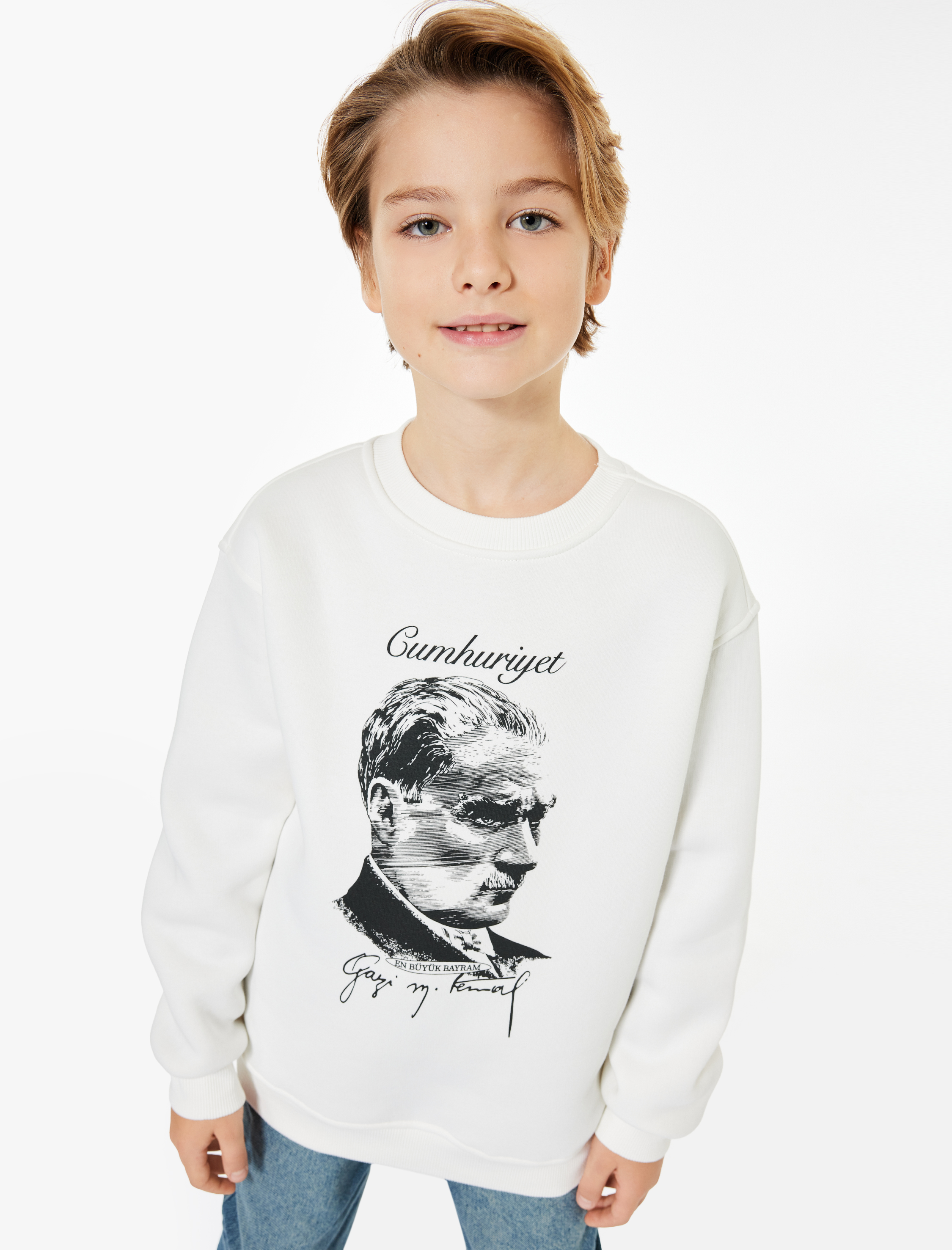  Erkek Çocuk Uzun Kollu Bisiklet Yaka Atatürk Baskılı Şardonlu Oversize Sweatshirt