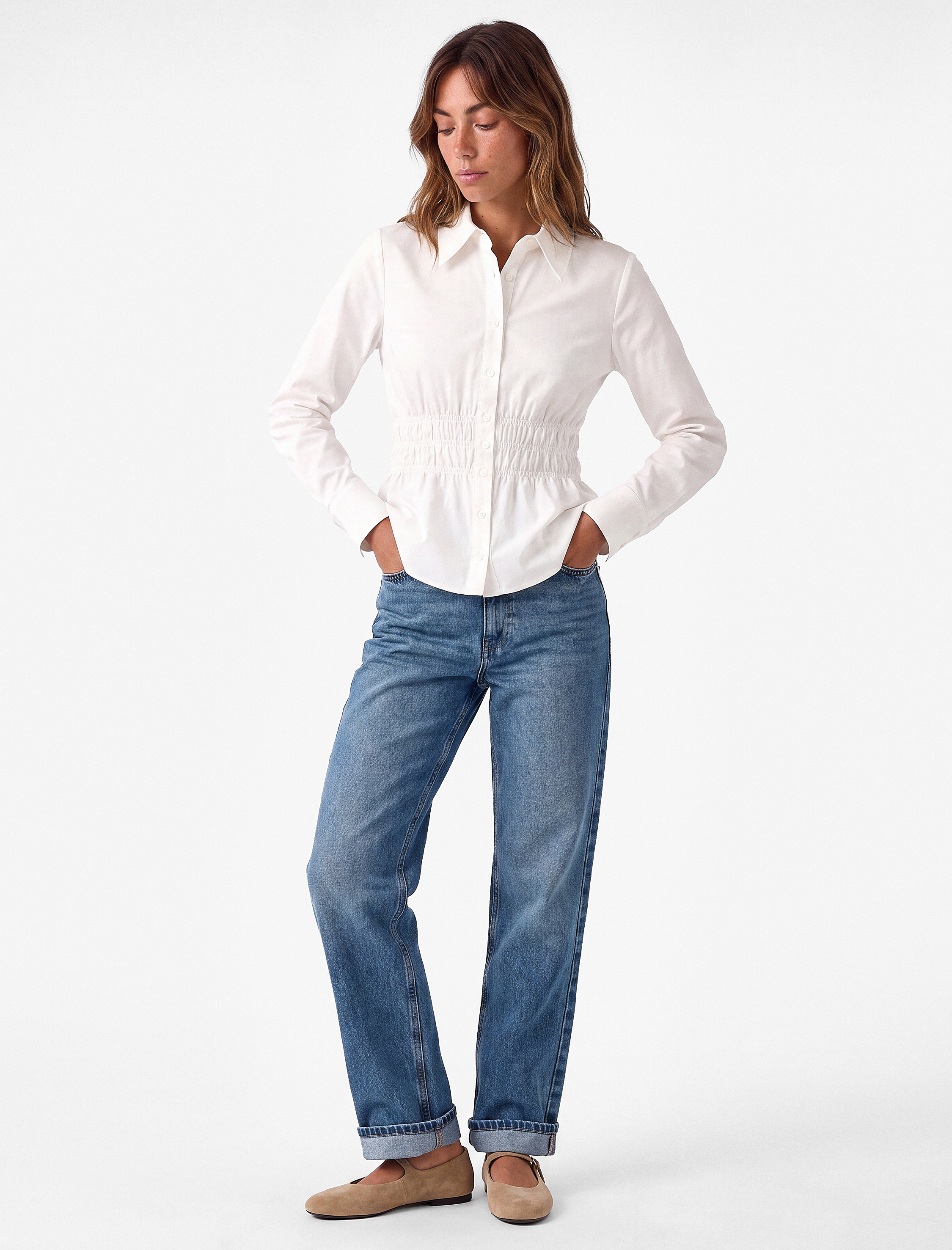   Pamuklu Slim Fit Uzun Kollu Klasik Yaka Beli Büzgülü Poplin Gömlek