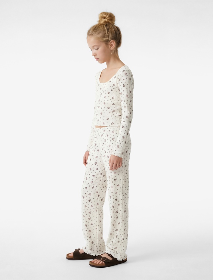  Beli Lastikli Slim Fit Çiçek Desenli Pijama Altı