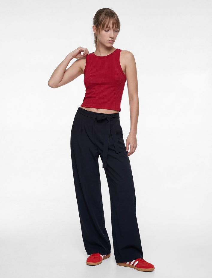  Beli Bağlamalı Regular Fit Düz Paça Viskon Karışımlı Pantolon