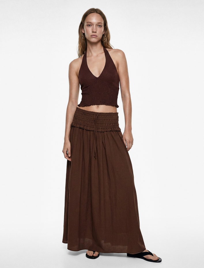  Keten Karışımlı Halter Yaka Boyundan Bağlamalı Gipeli Crop Top