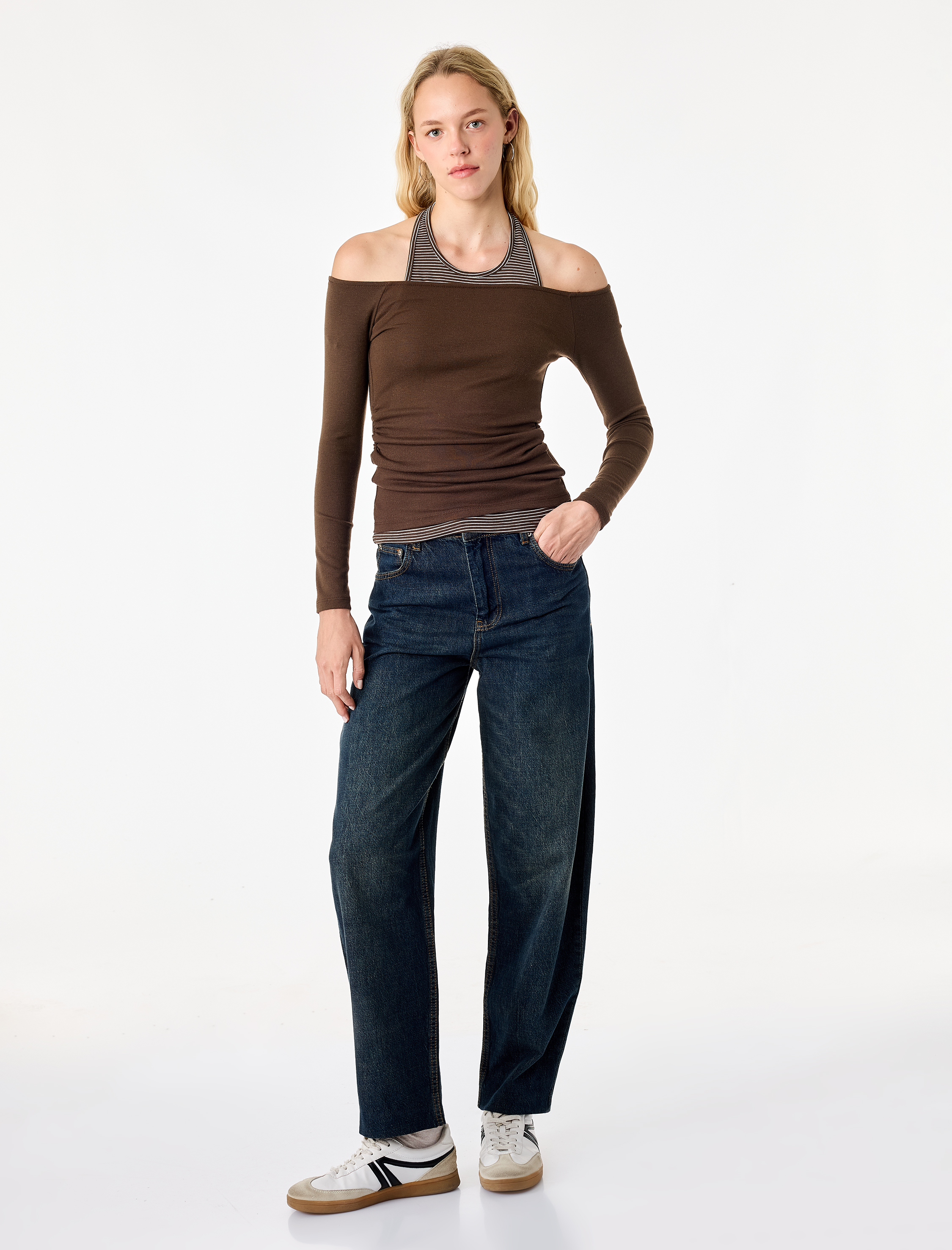   Slim Fit Viskon Karışımlı Halter Yaka Uzun Kollu İkili Tişört