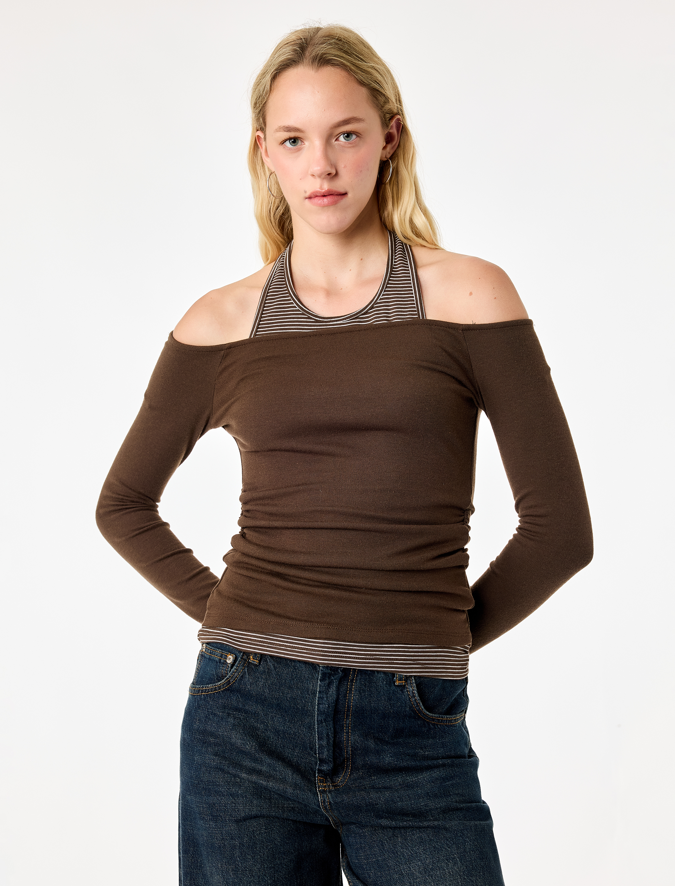   Slim Fit Viskon Karışımlı Halter Yaka Uzun Kollu İkili Tişört