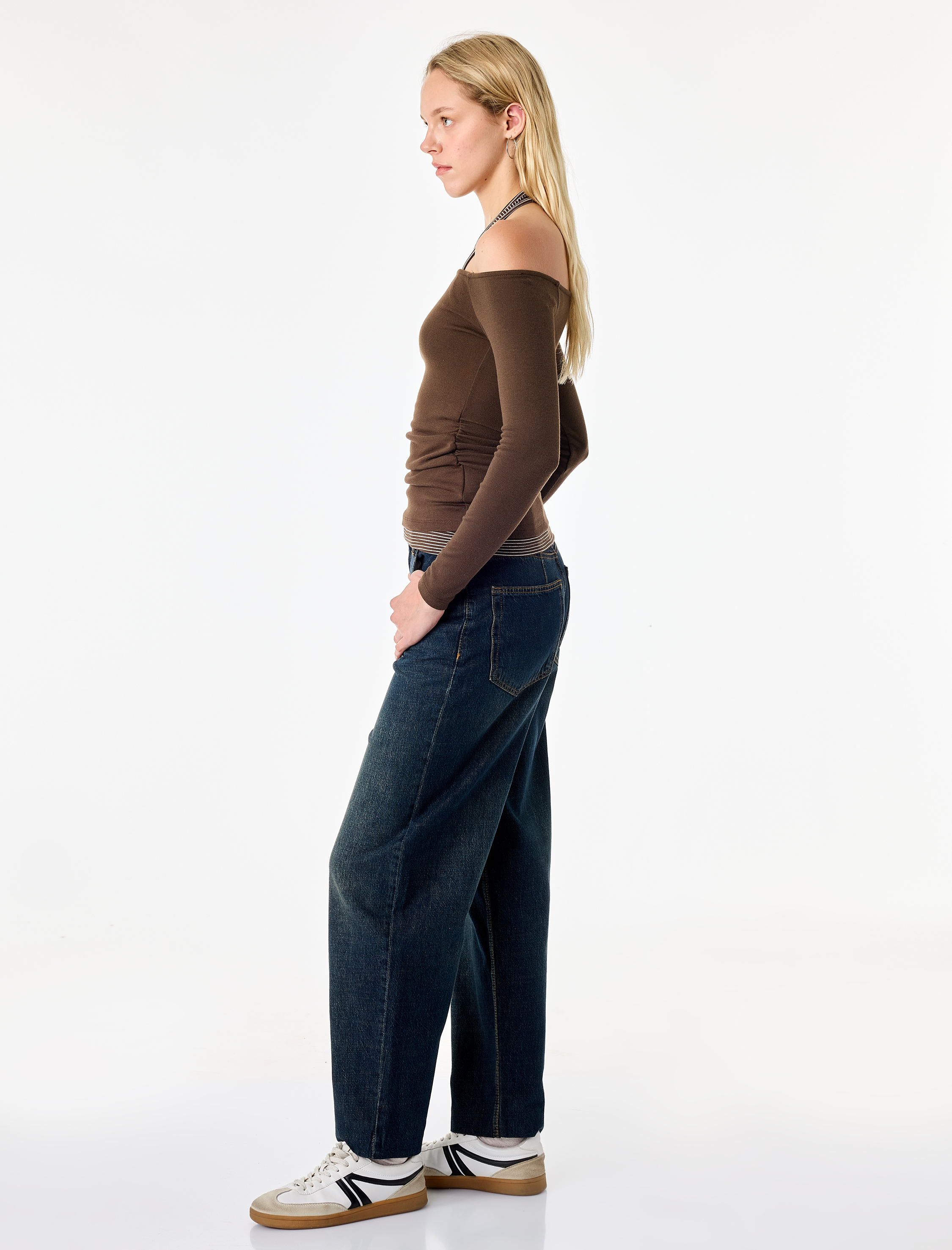   Slim Fit Viskon Karışımlı Halter Yaka Uzun Kollu İkili Tişört