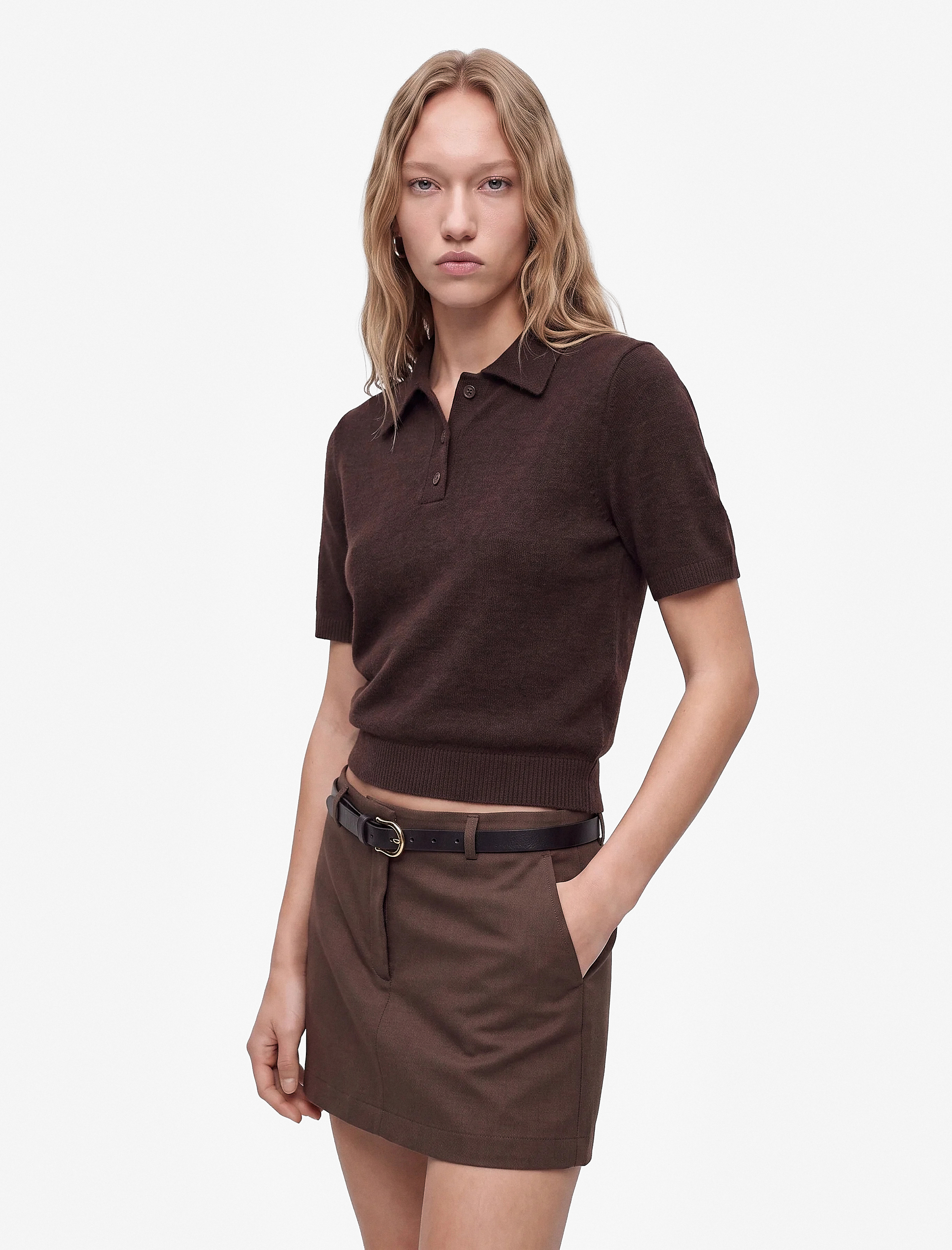   Yün Karışımlı Düğmeli Kısa Kollu Polo Yaka Triko Kazak