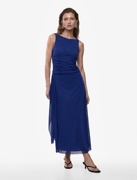Slim Fit Asimetrik Drapeli Kayık Yuvarlak Yaka Kolsuz Midi Elbise