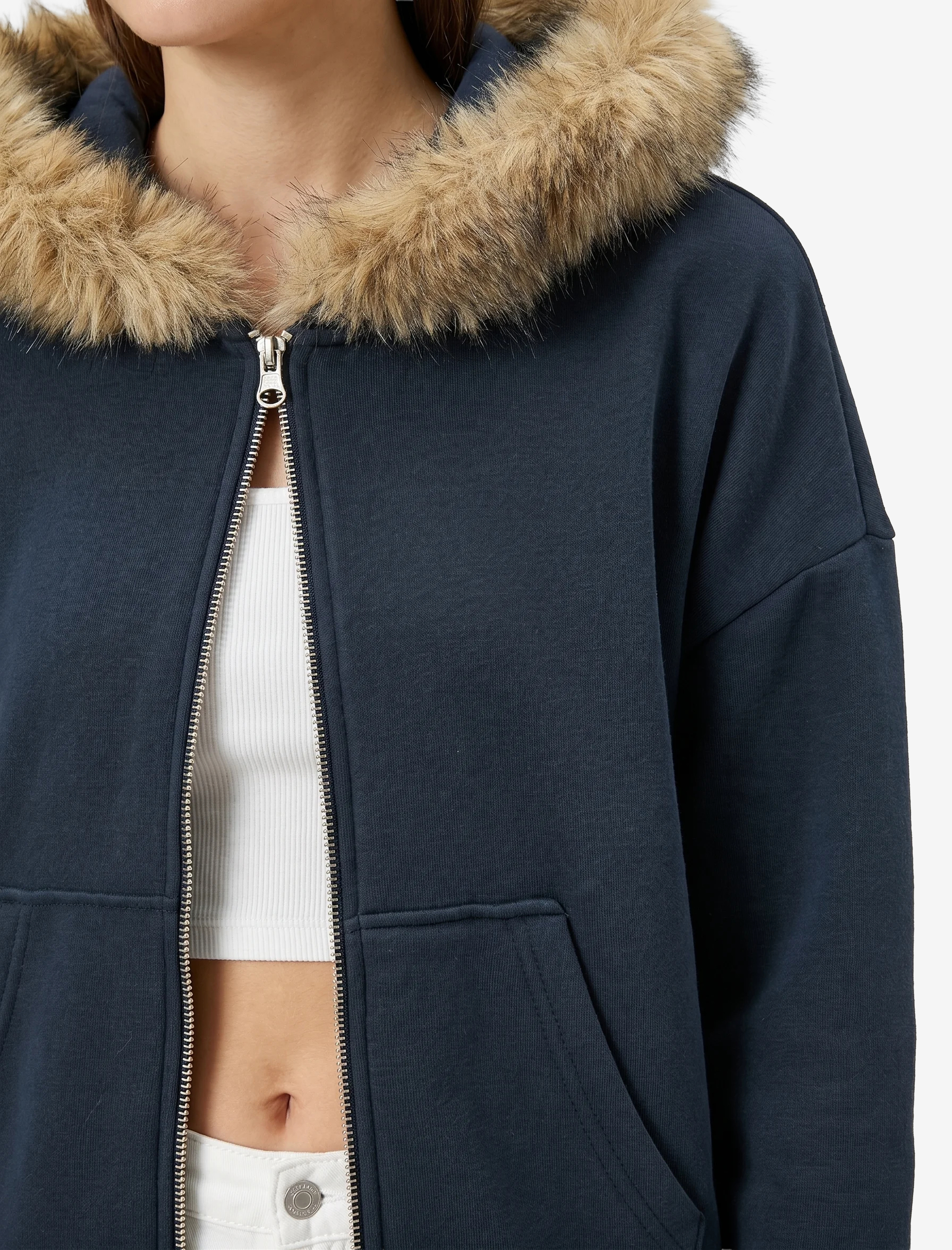 Koton Şardonlu Cepli Rahat Kalıp Uzun Kollu Fermuarlı Suni Kürk Kapüşonlu Sweatshirt görsel 4