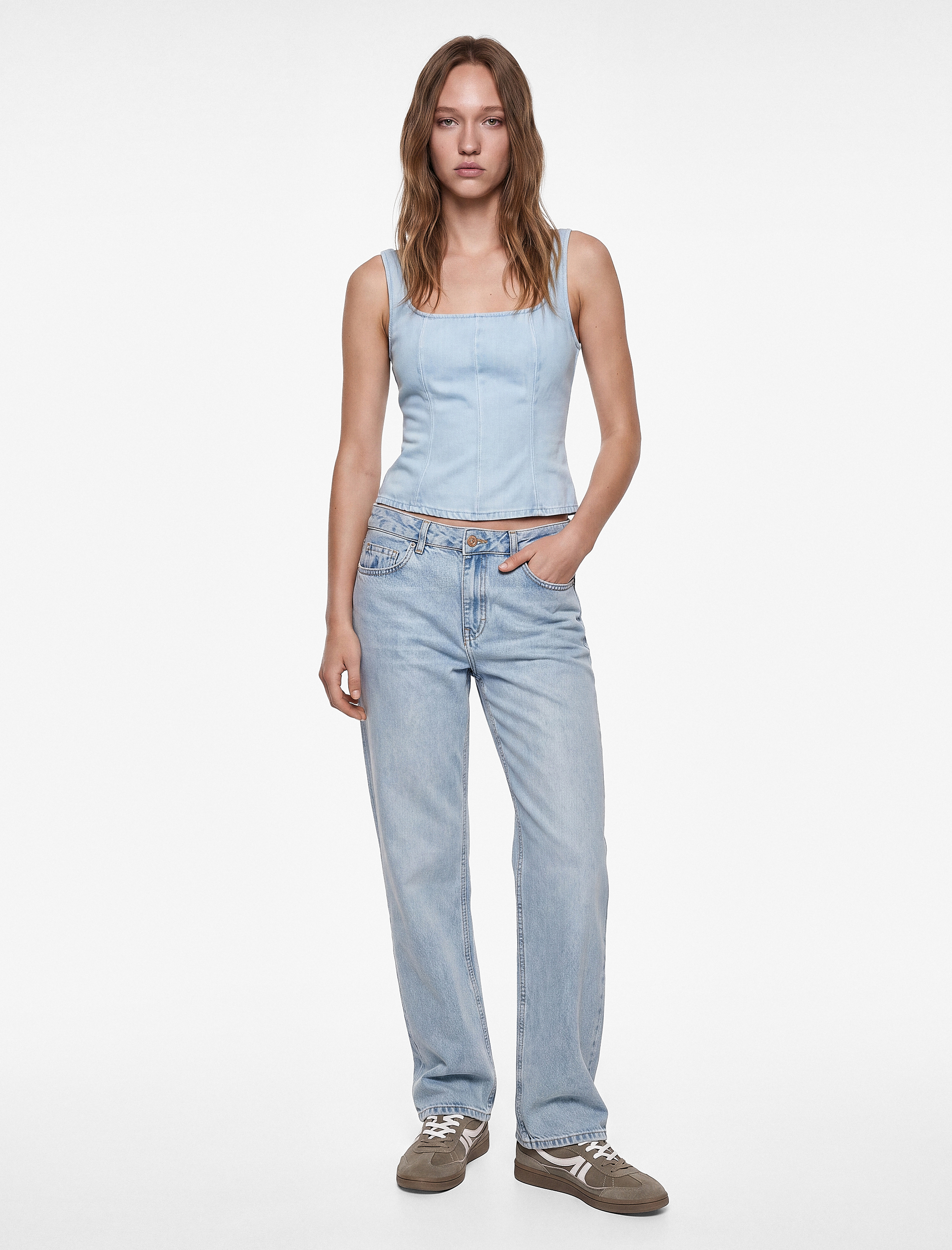 Koton Düz Paça Normal Bel Cepli Düğmeli Denim Pantolon - Longer Straight Fit Jean