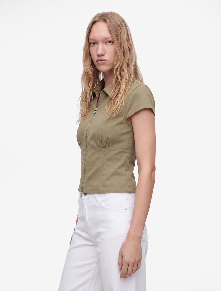  Kısa Kollu Klasik Yaka Fermuarlı Slim Fit Crop Korse Bluz