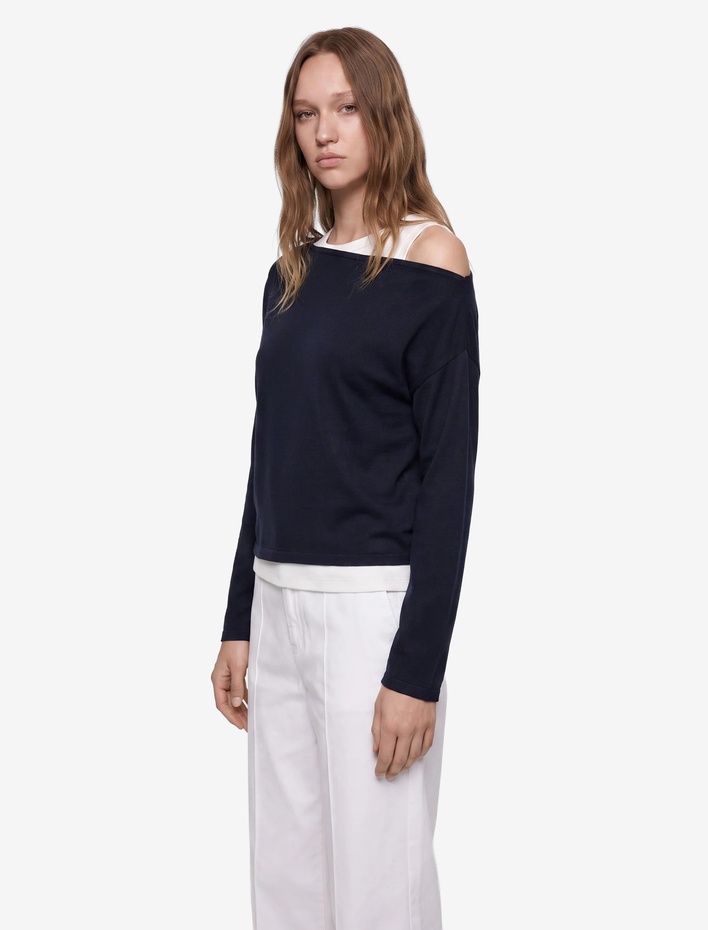  Slim Fit Viskon Karışımlı Asimetrik Yaka Uzun Kollu Katmanlı Tişört
